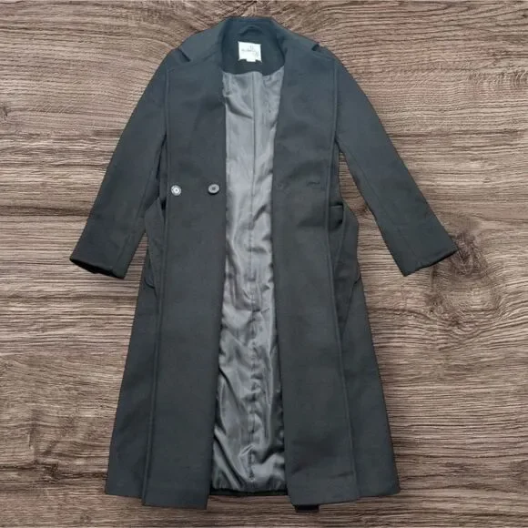 Sam Edelman Black Wool Blend Wrap Coat Tie Belt Long Trench Size 2 NWOT - Picture 3 of 7